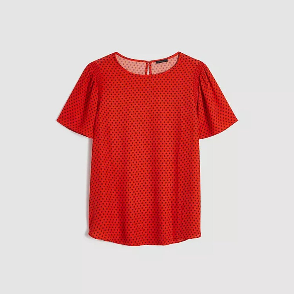 Dotted Red with Polka Dot Smocked Flutter Sleeve Top XS